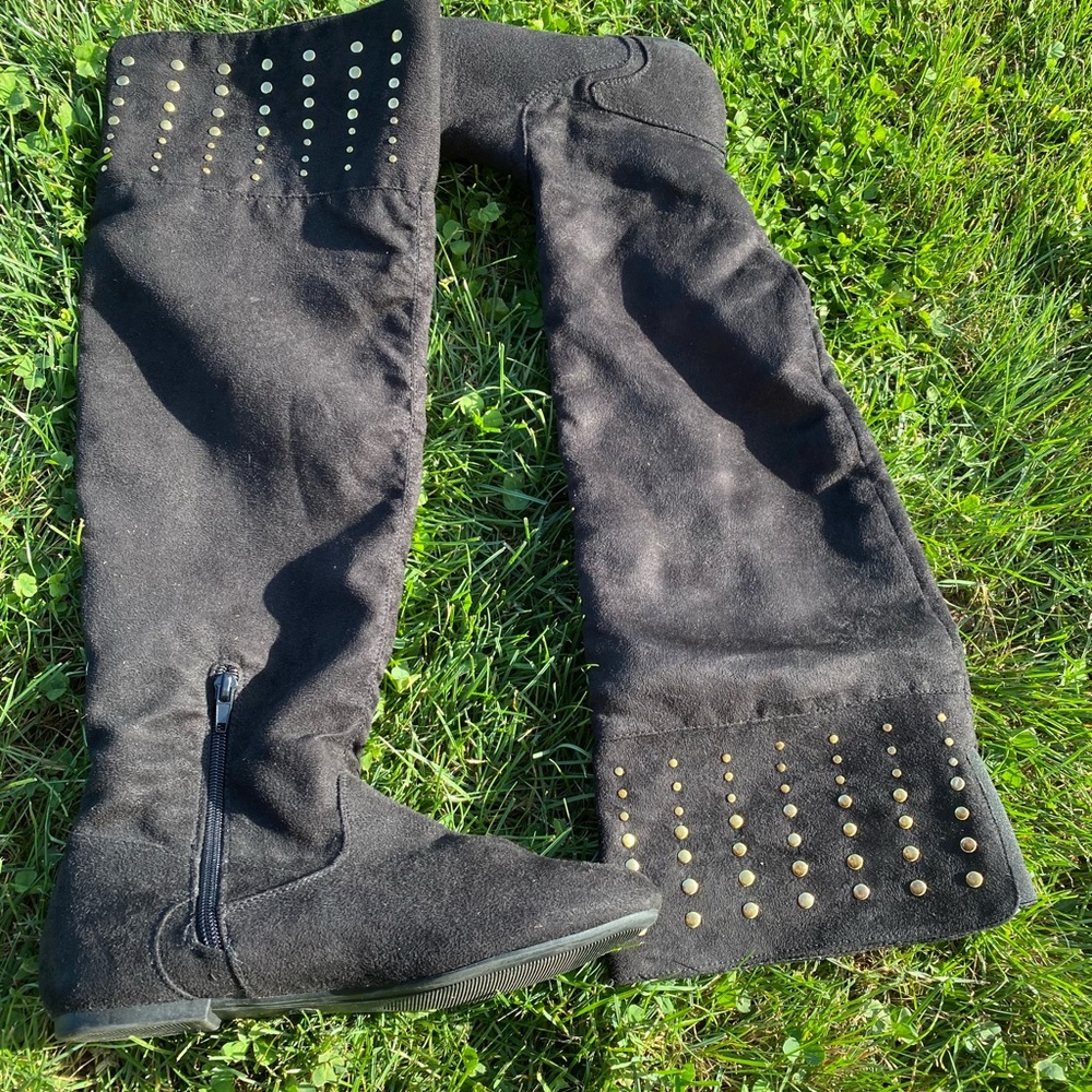 Knee High Gold Studded Faux Suede Boots 6.5
